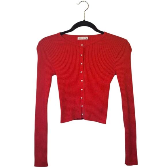 Active USA Women's Red Ribbed Pearl Button Cardigan Size S - Picture 1 of 6